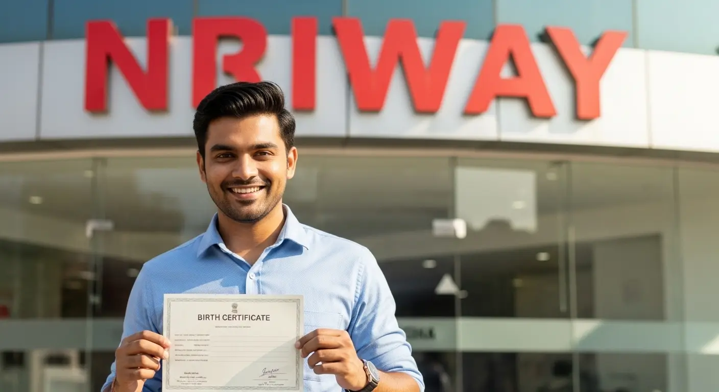 Man holding a birth certificate outside NRIWAY office, representing document attestation services.