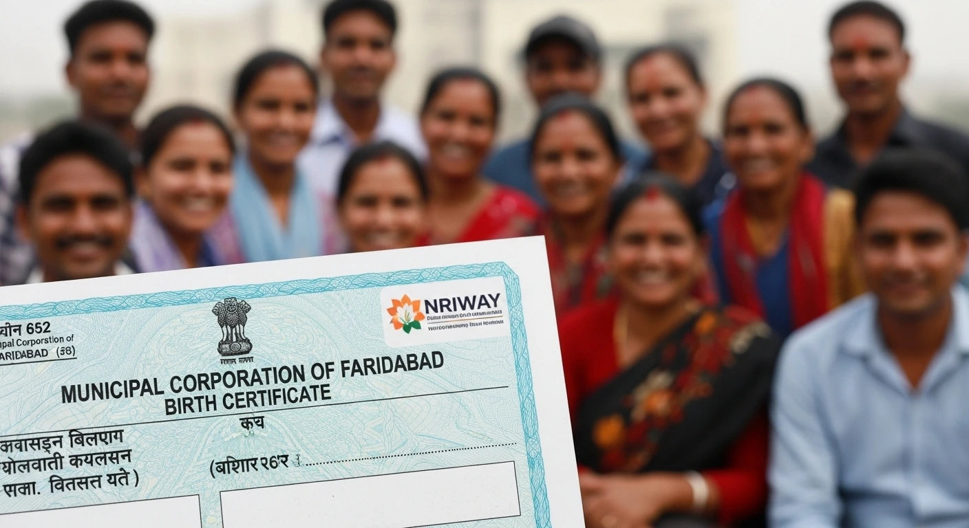 Birth certificate from Municipal Corporation of Faridabad with NRIWAY logo held in front of a smiling group of people.