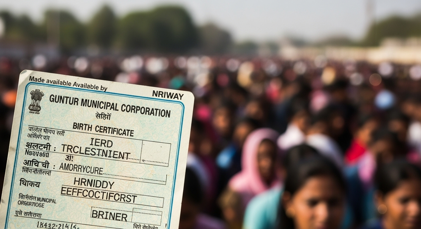 Guntur Municipal Corporation birth certificate with NRIWAY branding held in front of a large crowd, representing widespread access to document services.