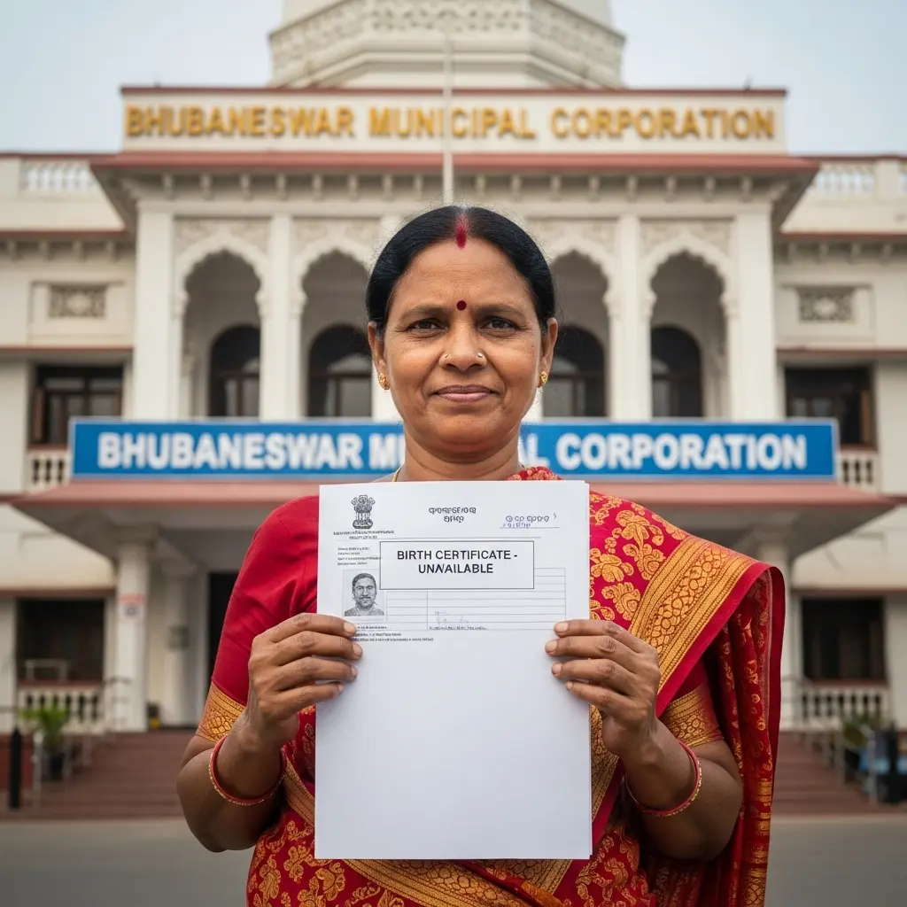Woman holding a birth certificate marked "Unavailable" outside Bhubaneswar Municipal Corporation building.